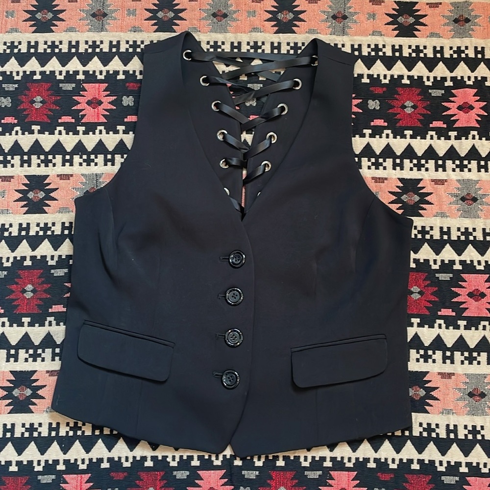 INC Black Lace-Up Vest with Button Detail Size M